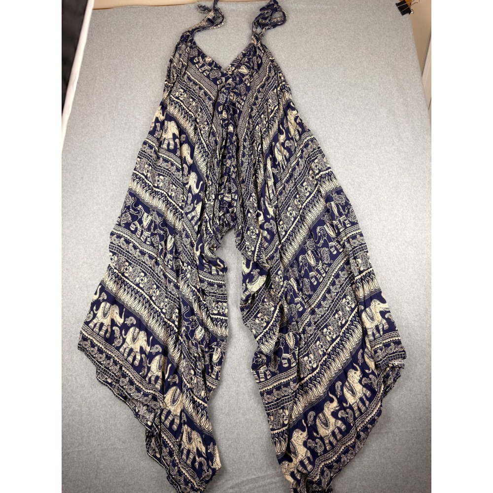 Boho Elephant Print Harem Jumpsuit Navy Blue Paisley Wide Leg Romper